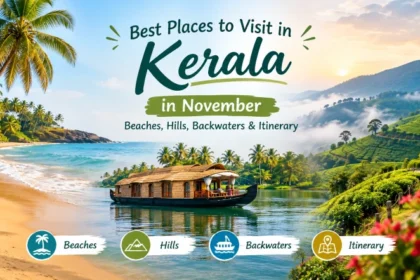Best places to visit in Kerala in November 2026 featuring tea plantations, beaches, backwaters and green hills.