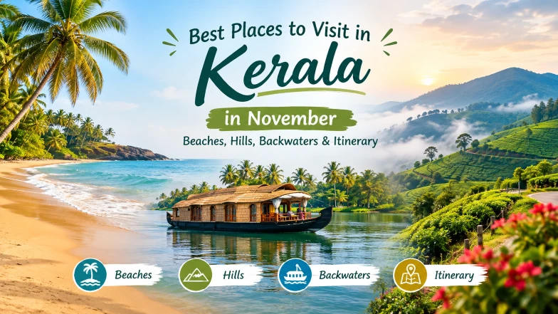 Best places to visit in Kerala in November 2026 featuring tea plantations beaches backwaters and green hills
